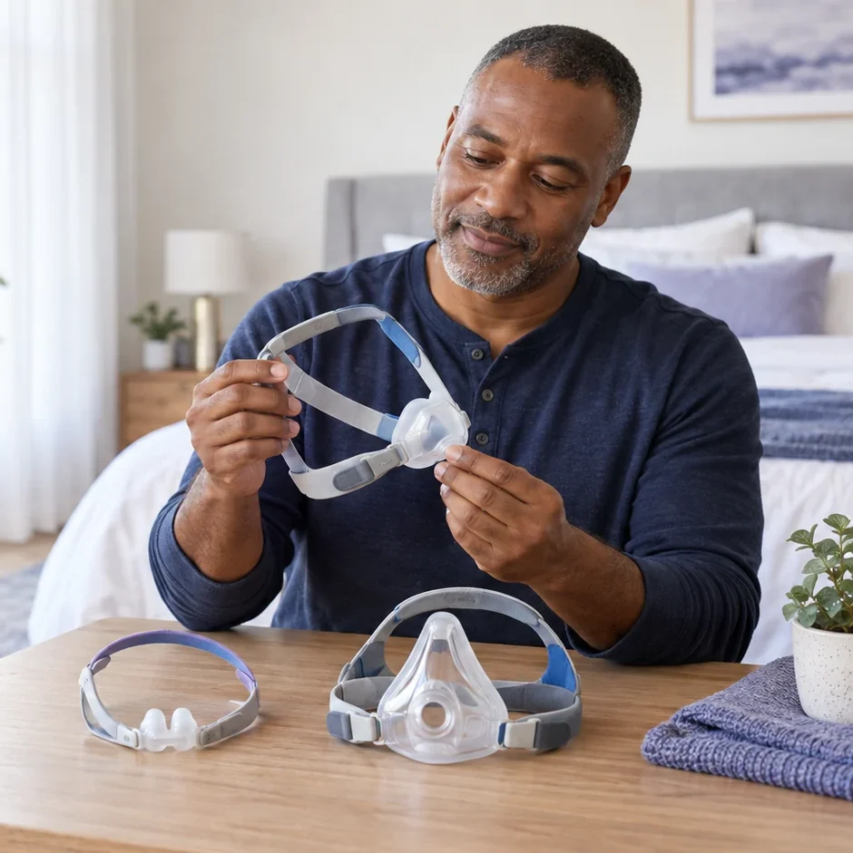 Man examining a nasal CPAP mask, with nasal pillows and a full-face mask on the table for comparison.