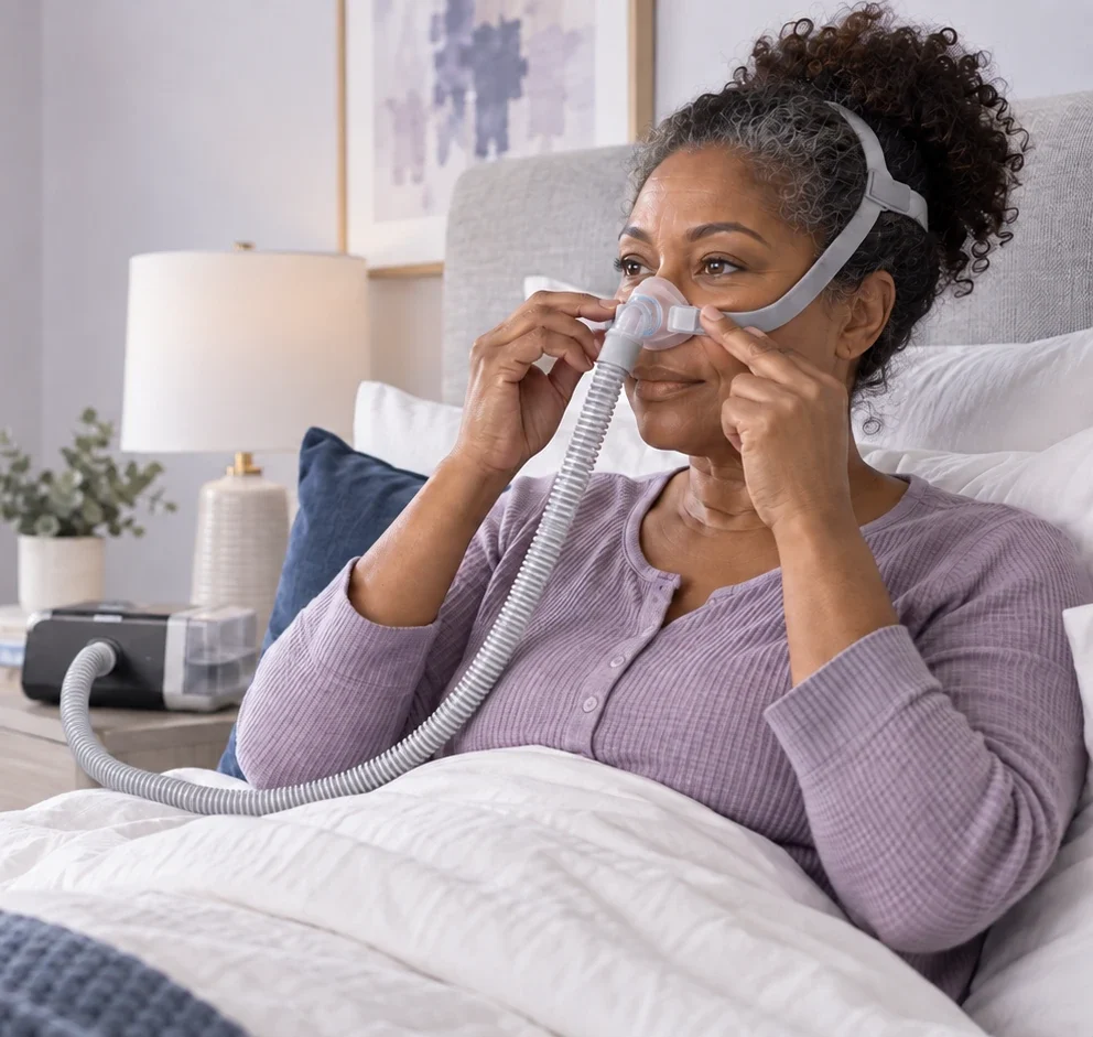 Woman gently adjusting the cushion of her nasal CPAP mask while sitting in bed.