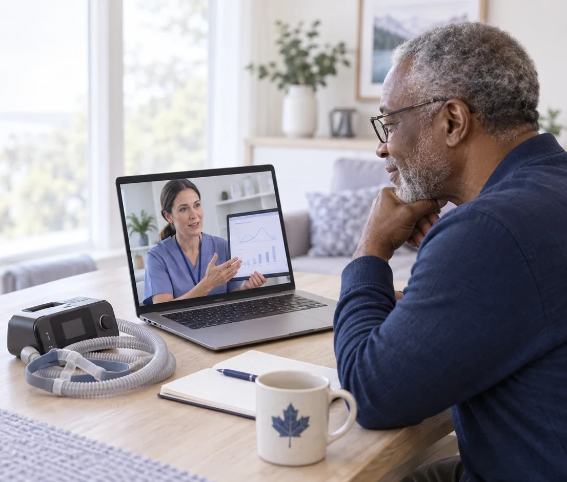 Man discussing a CPAP data chart with a respiratory therapist on a video call, with his CPAP machine nearby.