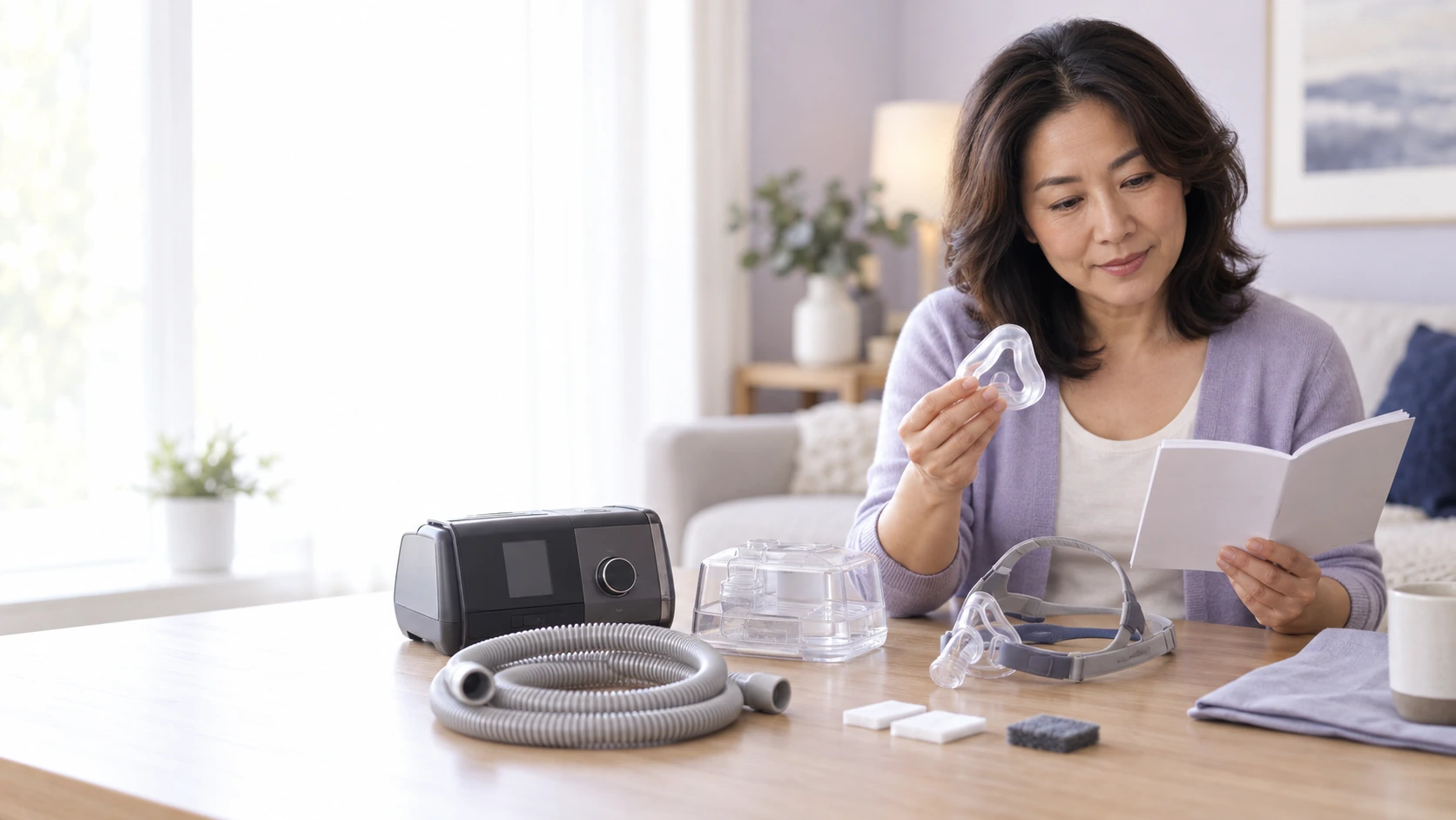 CWoman checking a CPAP mask cushion and instruction booklet beside tubing, a water chamber and filters.