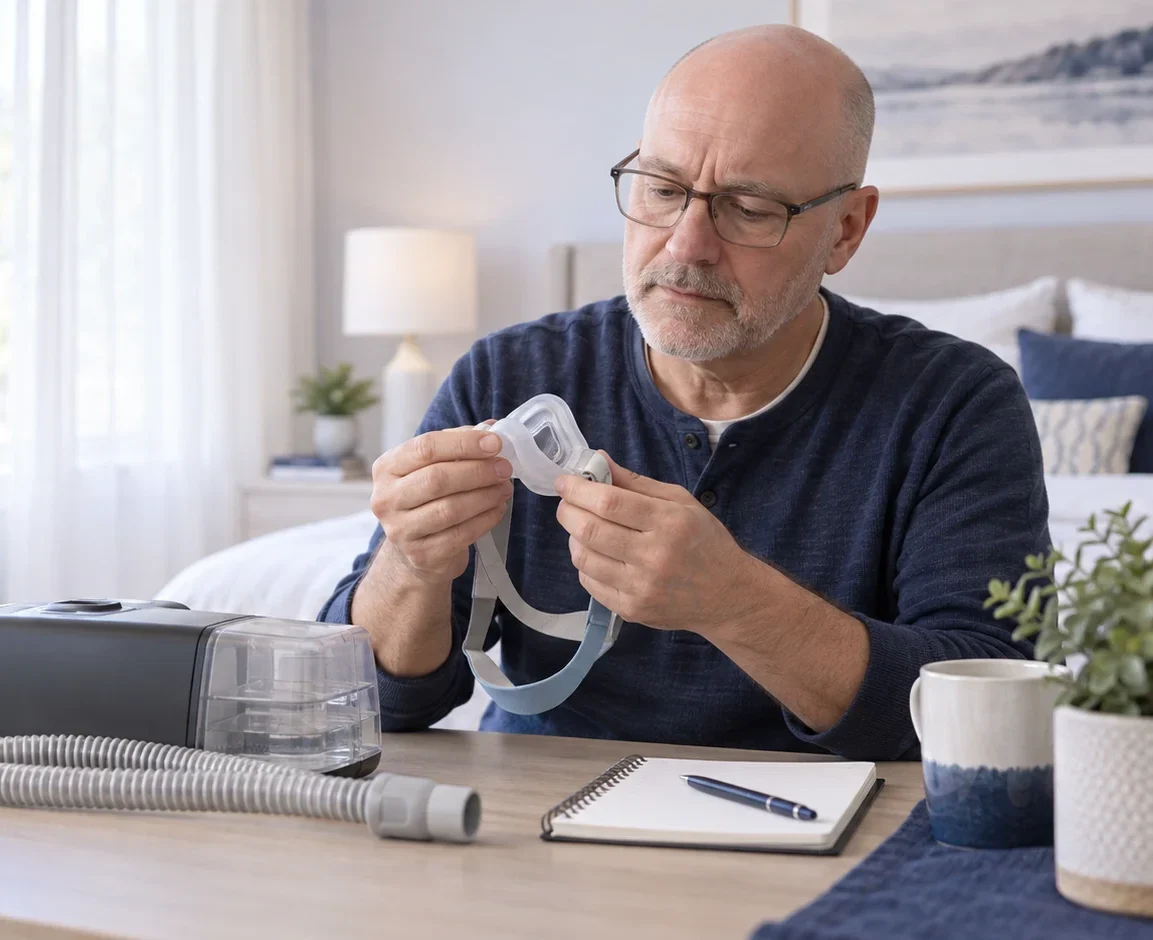 Bald man wearing glasses examines a nasal CPAP mask cushion beside a CPAP machine and tubing.