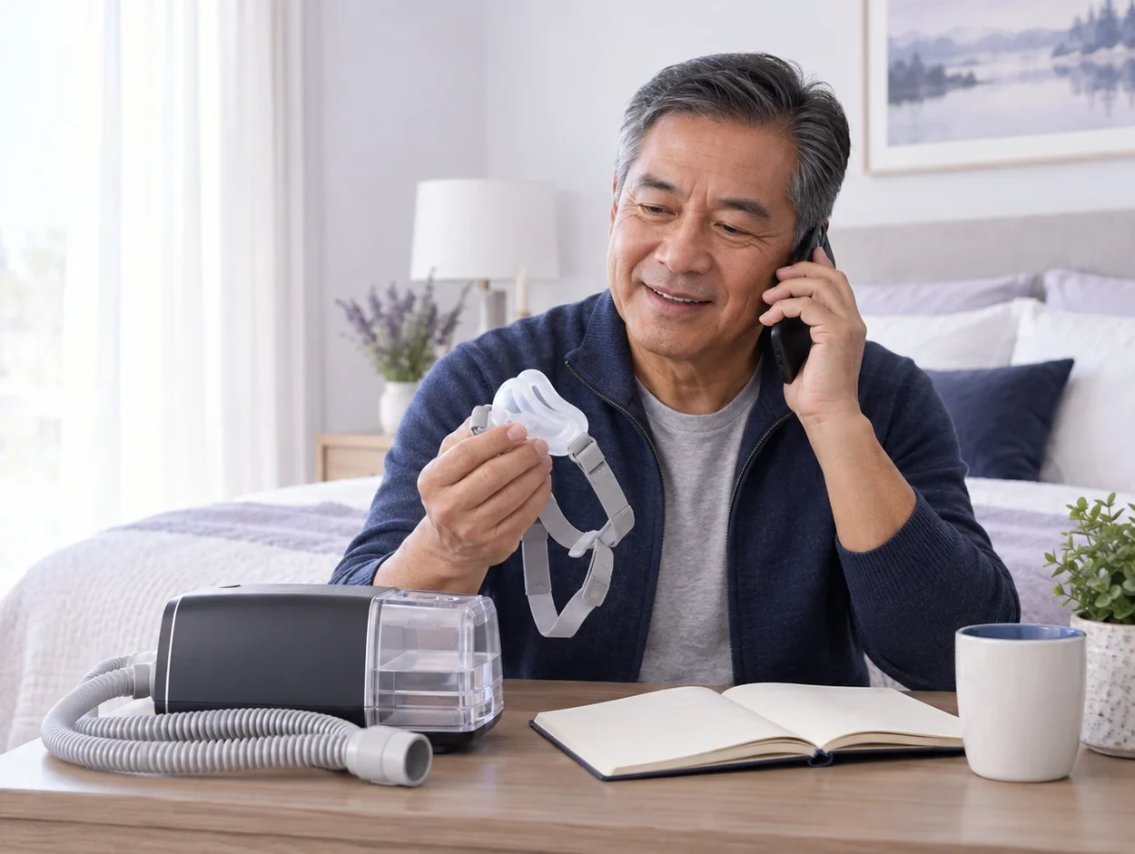 Older man speaking on the phone while examining a CPAP mask, with a machine and notebook nearby