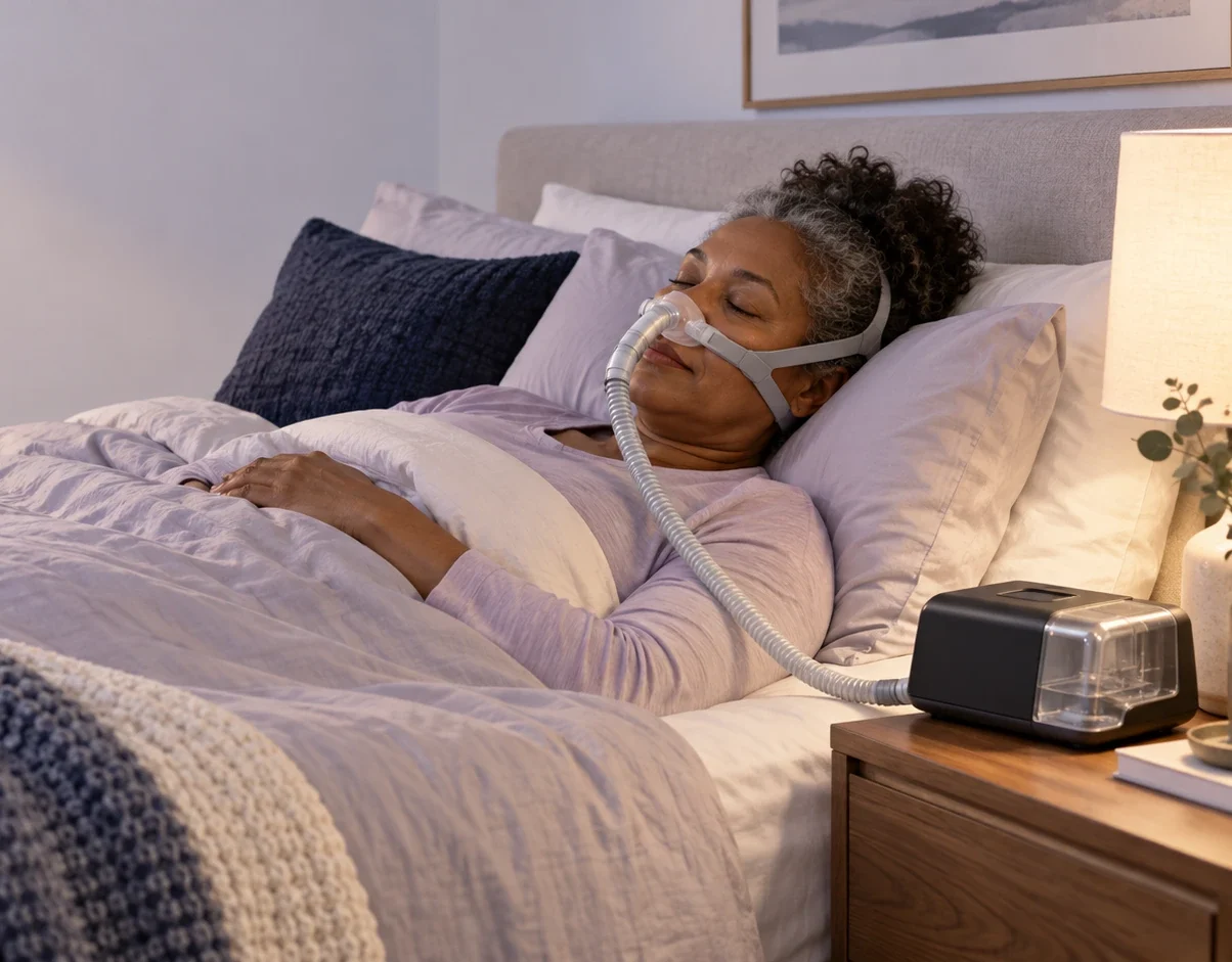 Woman sleeping with a nasal CPAP mask connected by tubing to a machine on her bedside table.