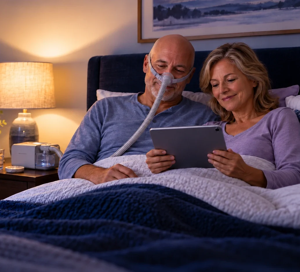 Bald man wearing a CPAP nasal mask and his partner look at a tablet together in bed, with a CPAP machine on the nightstand.