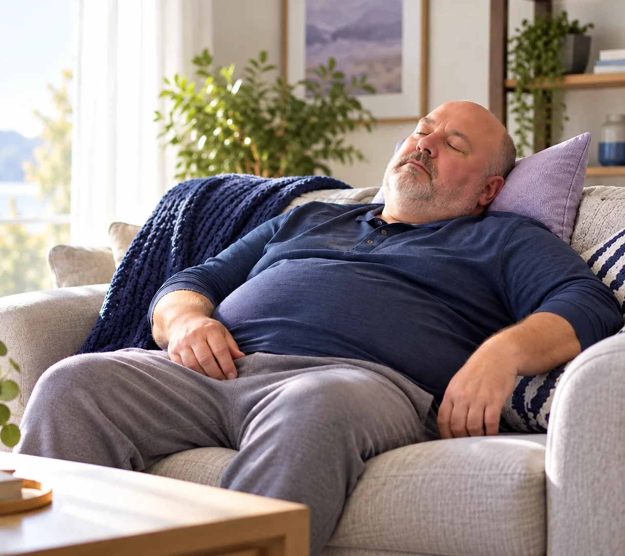 An older bald man sleeps on a couch in a sunlit living room during the day.