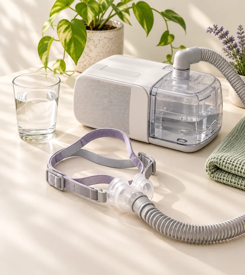 CPAP machine with a clear humidifier chamber and nasal mask on a table beside a glass of water.