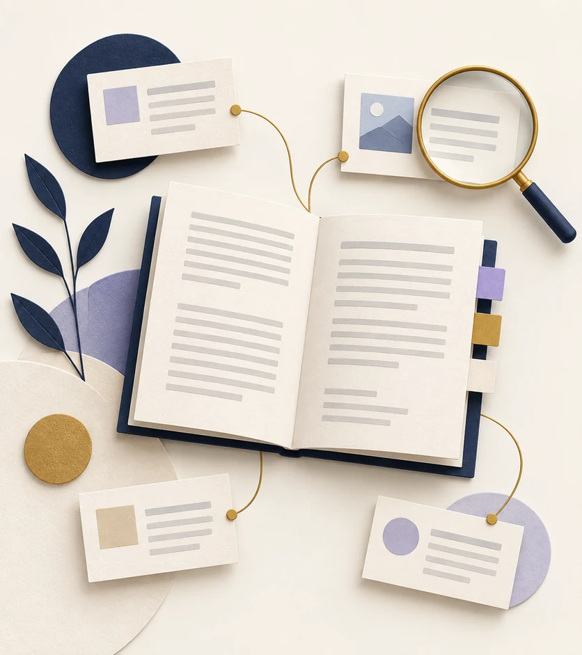 Illustration of an open article draft linked to source cards, with a magnifying glass highlighting one source.
