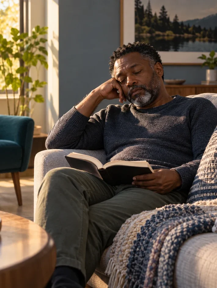 Man struggling to stay awake while reading on a sofa in daylight.