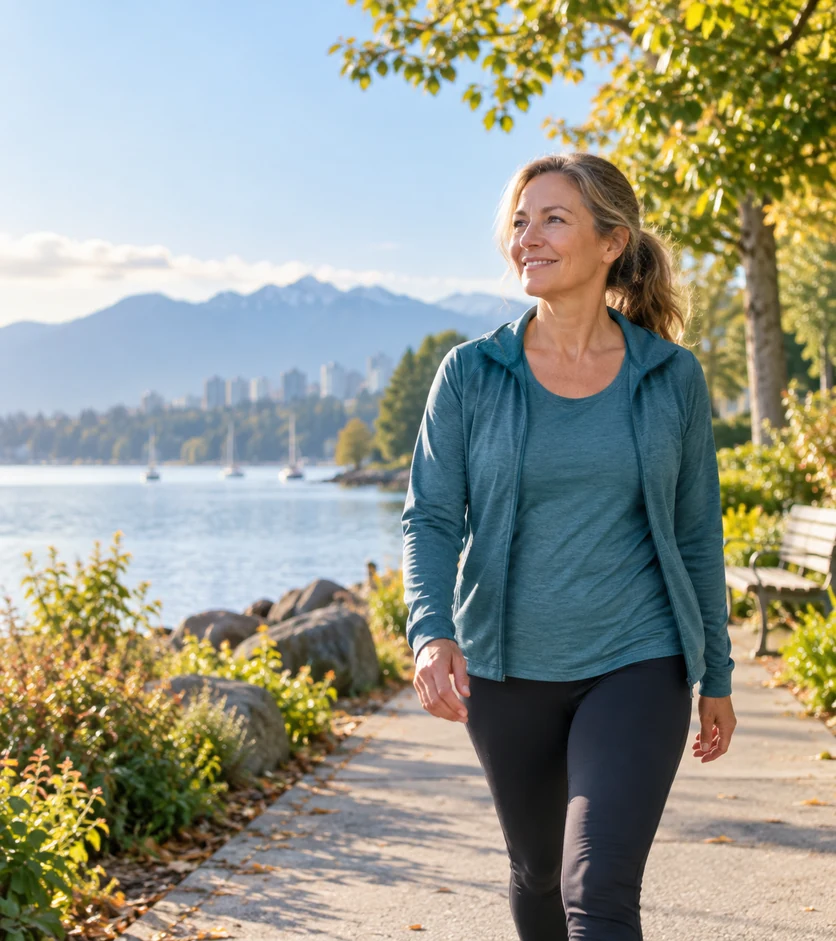 Woman walking outdoors in morning sunlight along a waterfront path.