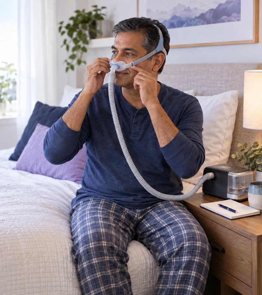 MMan sitting on his bed adjusting a nasal CPAP mask connected to a bedside machine.
