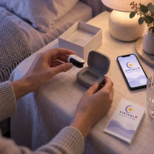 Person preparing a fingertip home sleep test sensor beside a phone and Virtual Sleep Care brochure.