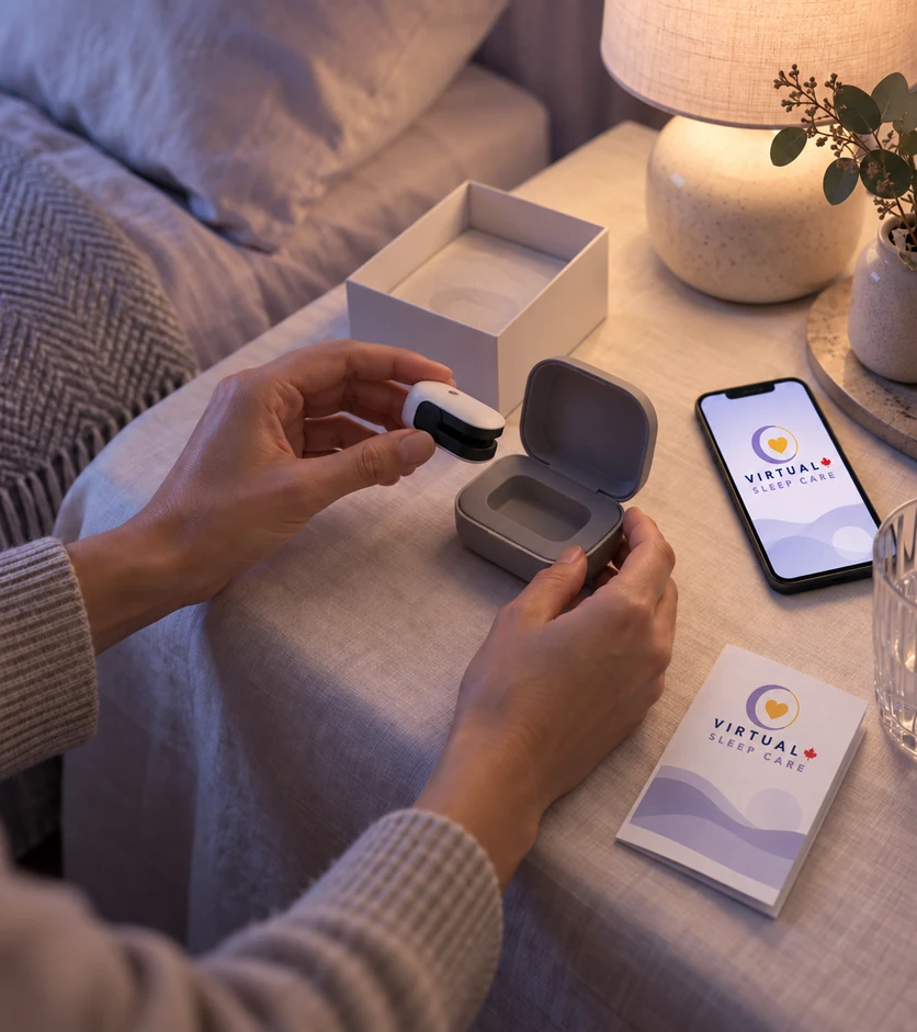 Person preparing a fingertip home sleep test sensor beside a phone and Virtual Sleep Care brochure.