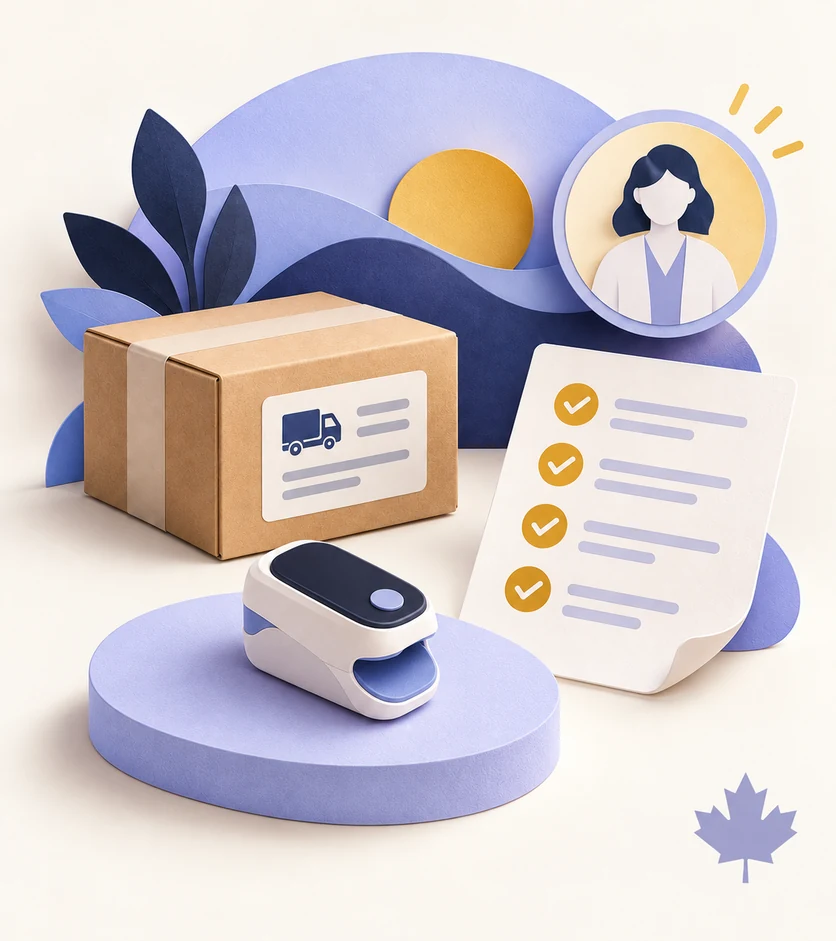 Illustration of a home sleep test sensor, shipping box, checklist and clinician consultation symbol.