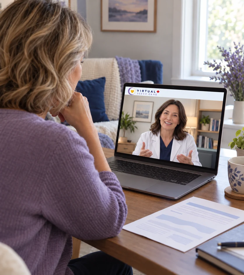 Woman discussing home sleep test results with a clinician on a Virtual Sleep Care video call.