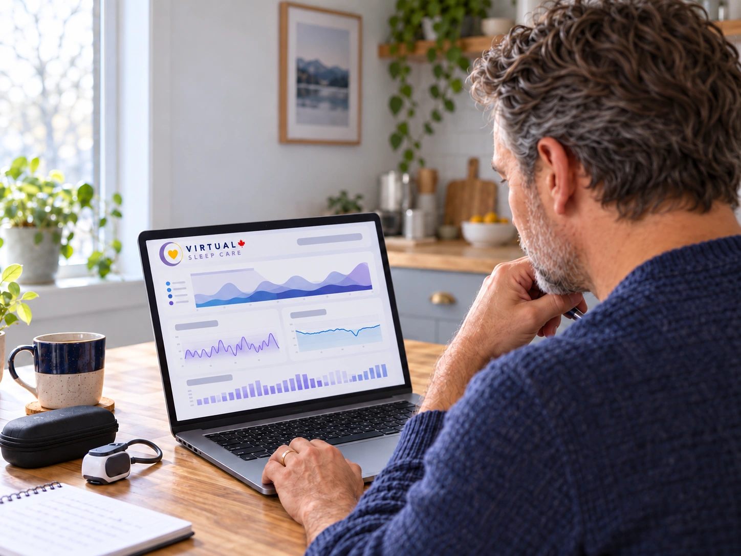 Man reviewing home sleep test results on a laptop displaying the Virtual Sleep Care logo, with a test sensor and notepad beside him.