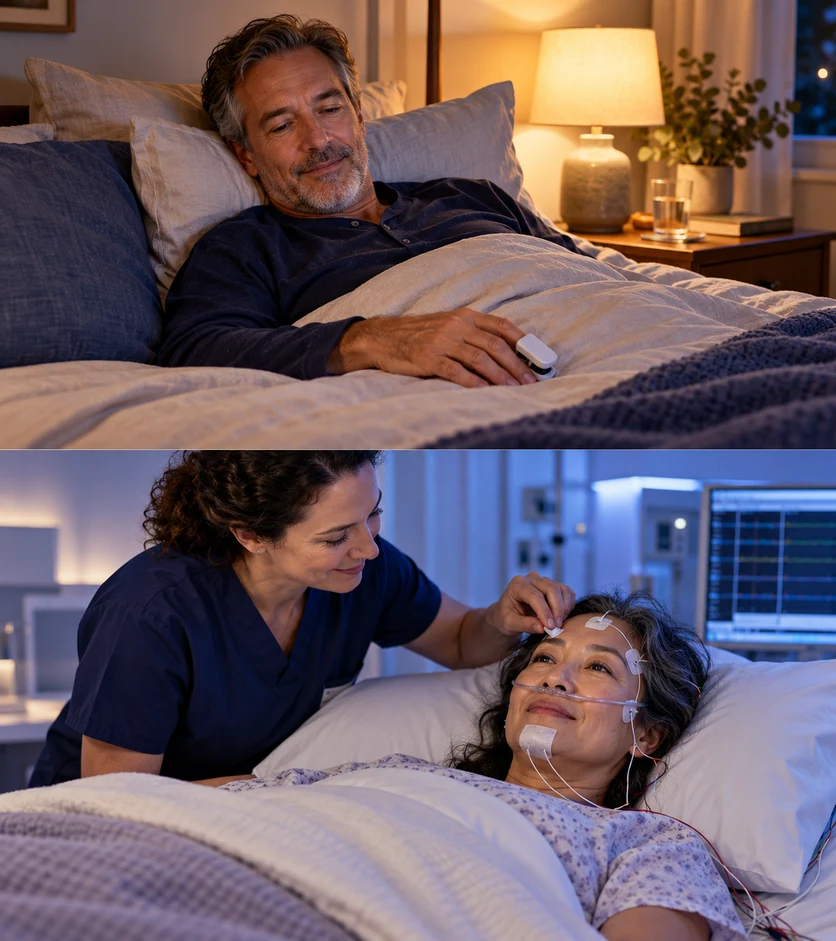 Comparison of a man using a fingertip home sleep test and a woman having a supervised sleep-lab study.