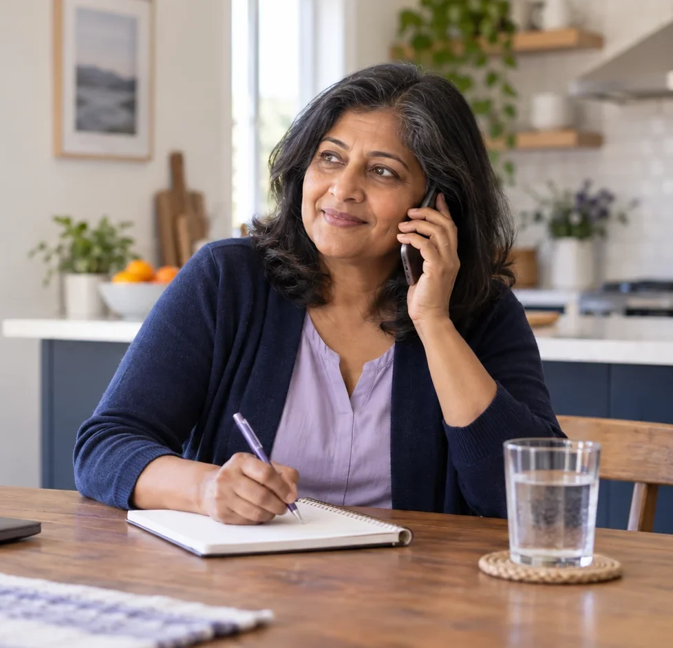 Woman at home taking notes during a phone conversation about arranging a home sleep test.