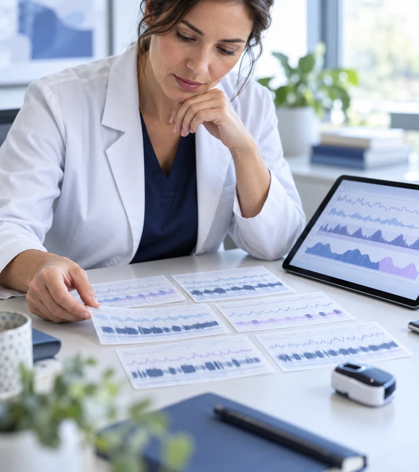 Clinician reviewing multiple home sleep test recordings alongside a fingertip sensor.