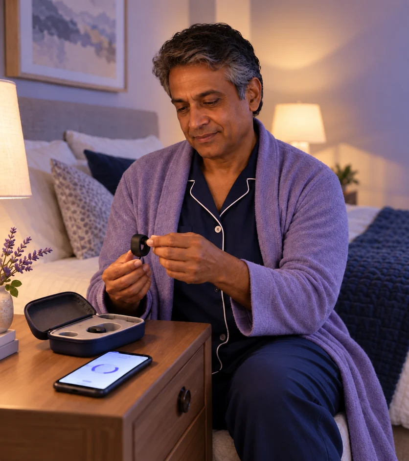 Indian man examining a fingertip home sleep-test sensor beside its kit and a phone.