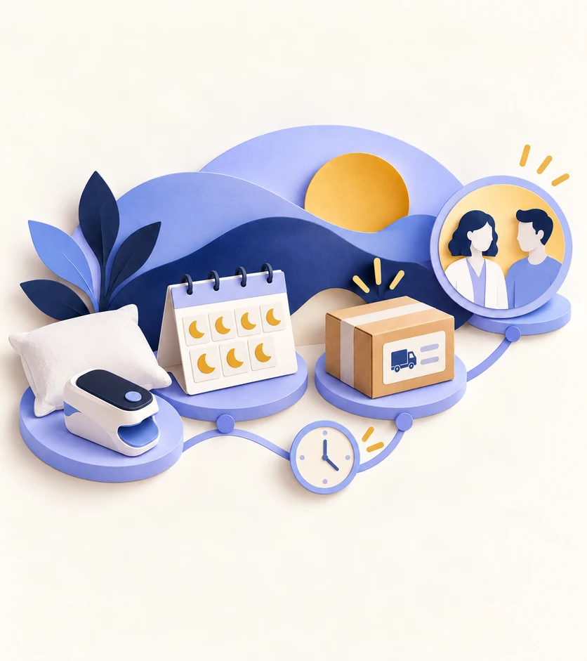 Paper-cut illustration of a home sleep test sensor, seven-night calendar, return parcel and results consultation.