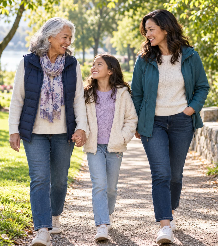 Grandmother, adult daughter and granddaughter walking together on a sunlit park path.