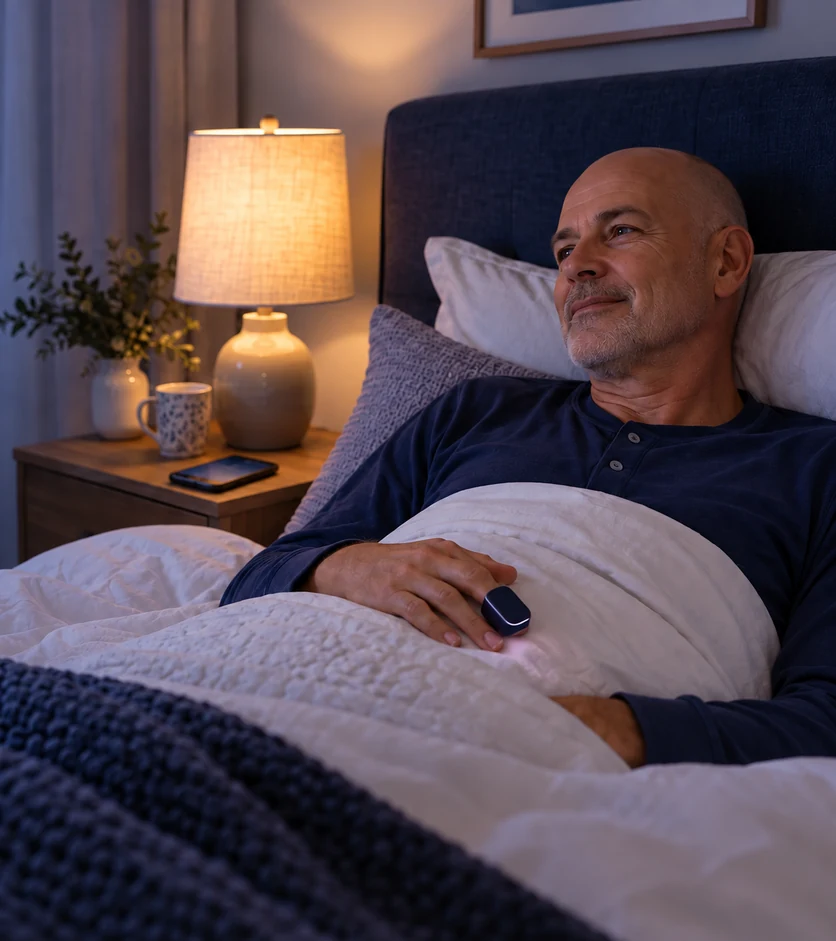 Bald man resting in bed at home with a fingertip sleep-test sensor and a phone on the bedside table.