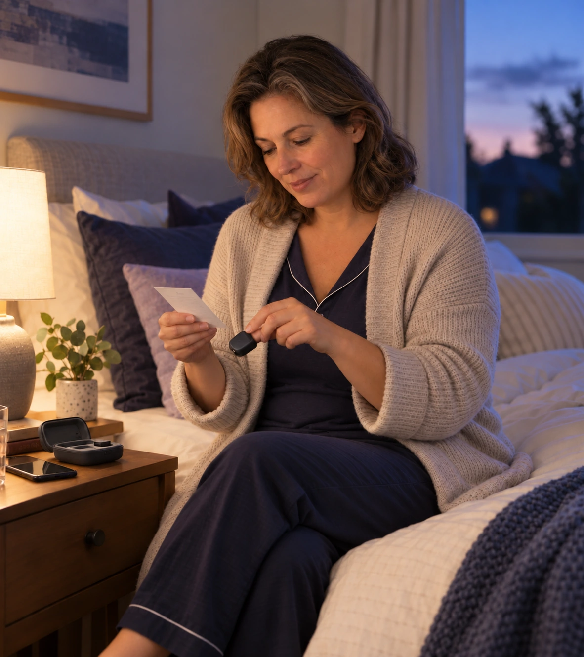 Woman reading instructions and preparing a fingertip home sleep test sensor beside her bed.