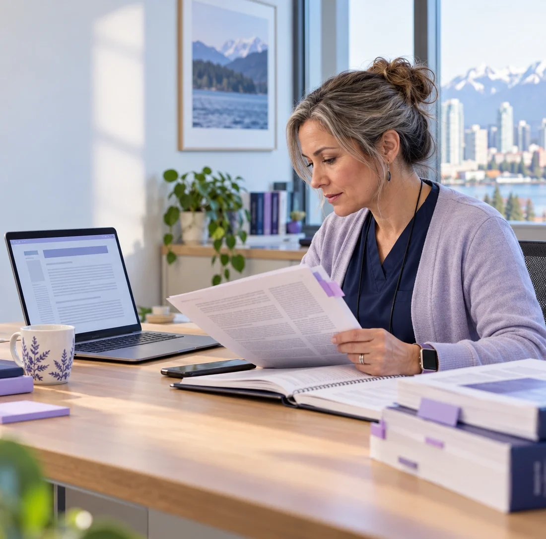 Clinician reviewing a health article on a laptop alongside printed reference materials.