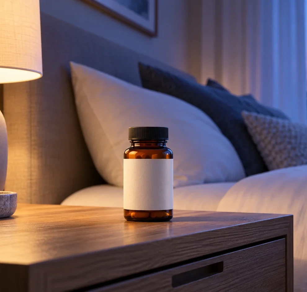 A closed amber supplement bottle sits on a bedside table in a softly lit bedroom.
