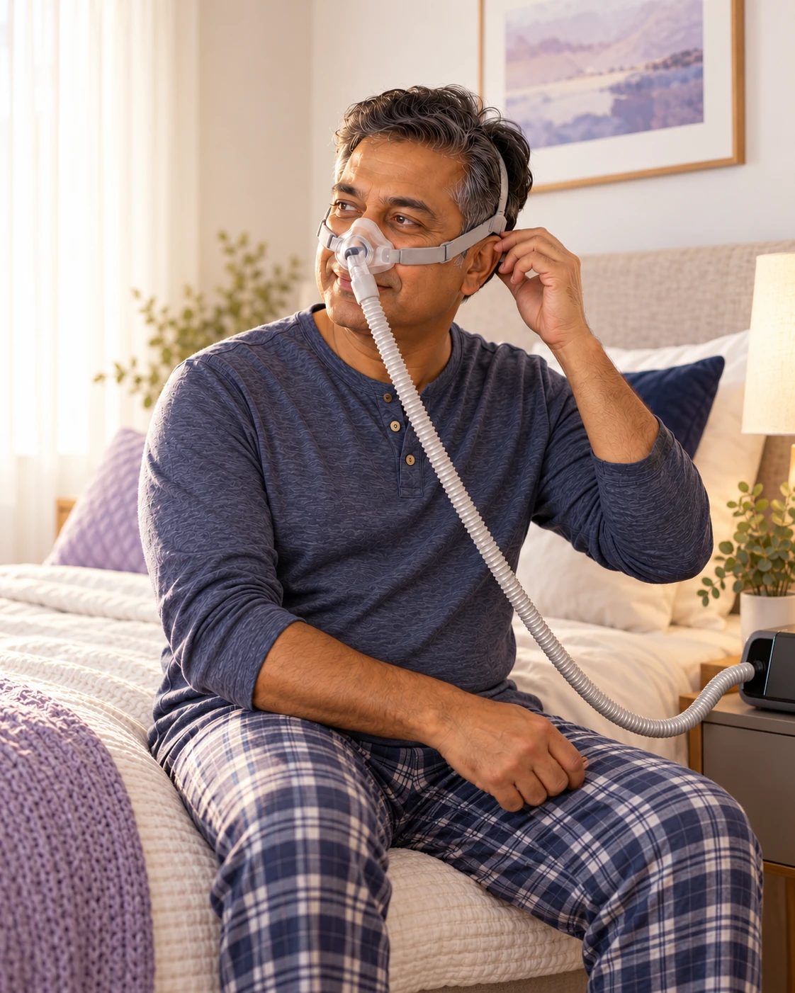 Man adjusting the headgear of a nasal CPAP mask while seated beside his bed.