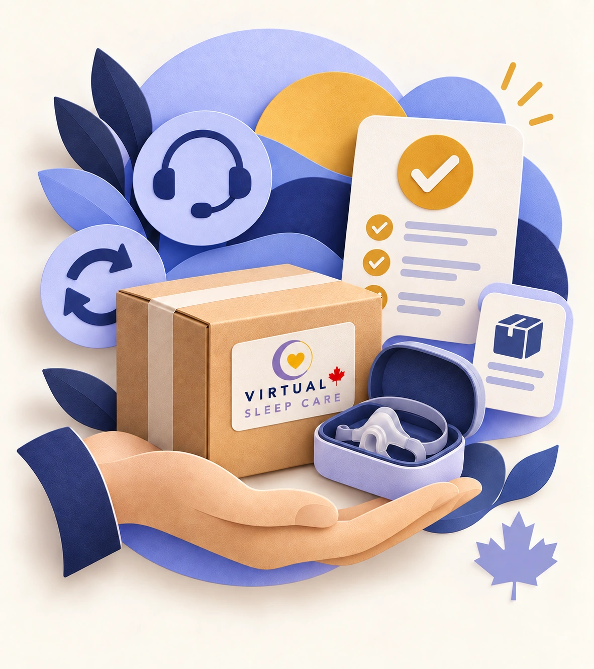 Paper-cut illustration of a Virtual Sleep Care parcel, CPAP mask, returns symbol, and customer-care checklist.