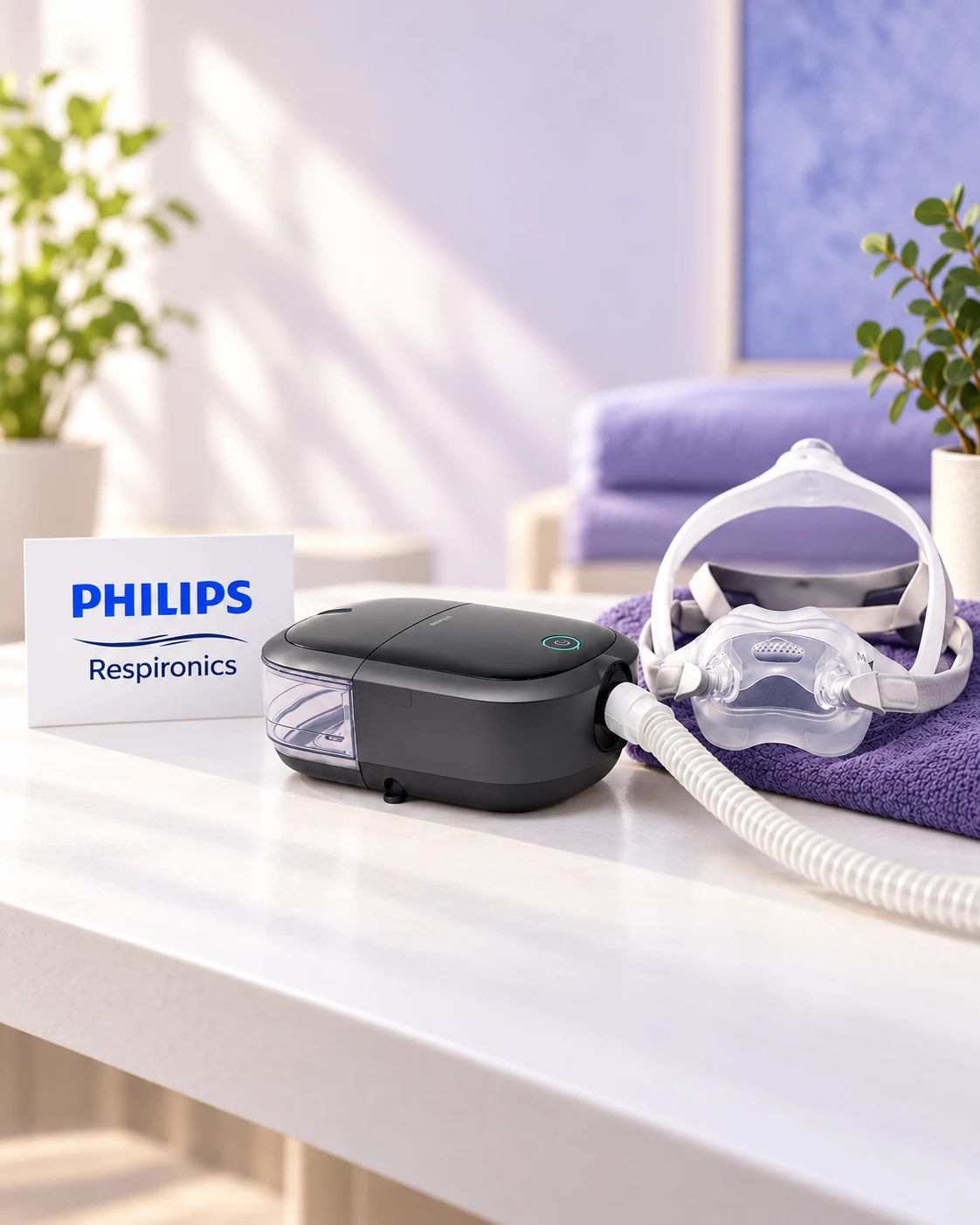 Philips Respironics branding beside a CPAP machine, tubing and full-face mask.