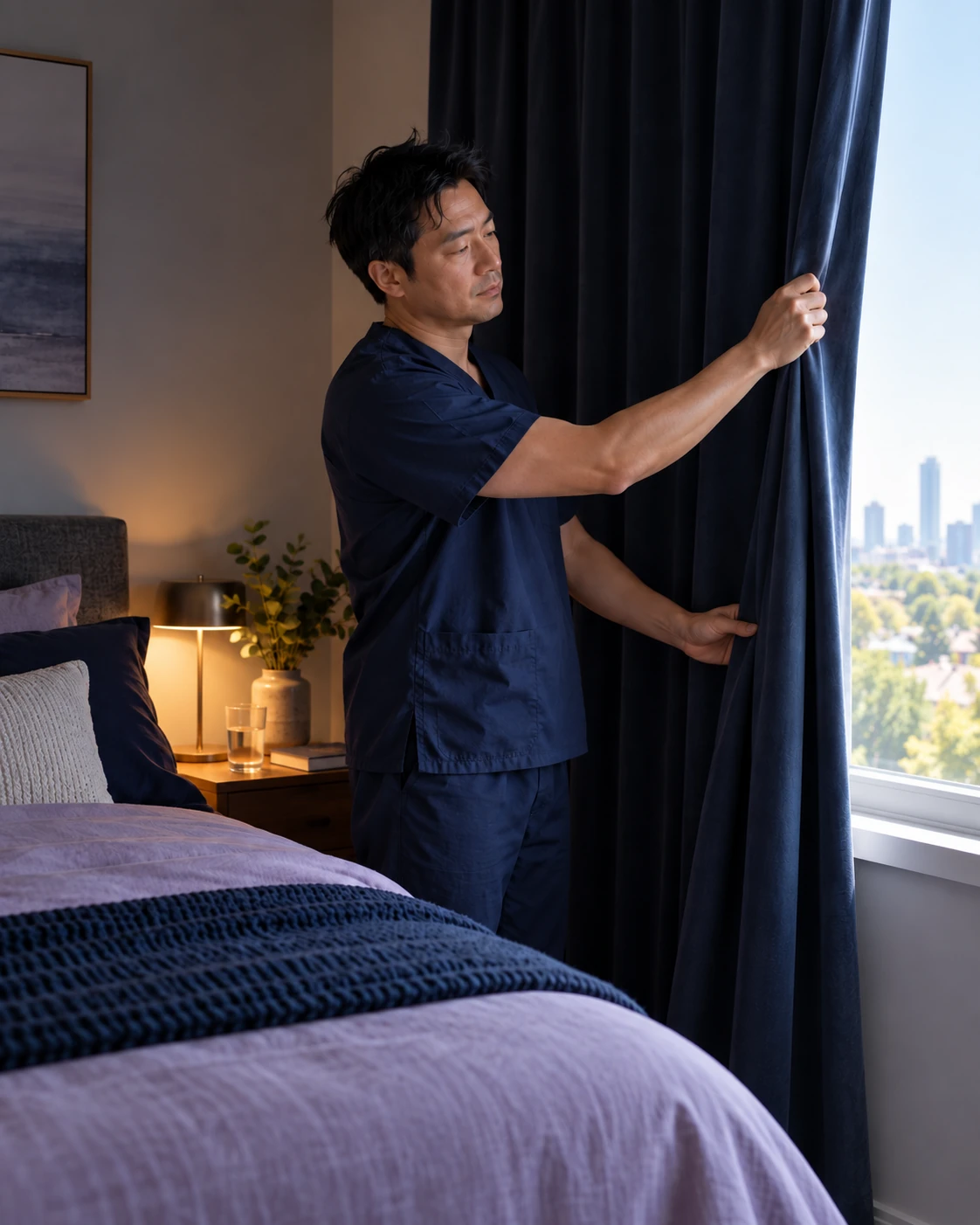 Shift worker closing blackout curtains in a bedroom to prepare for sleep during the day.