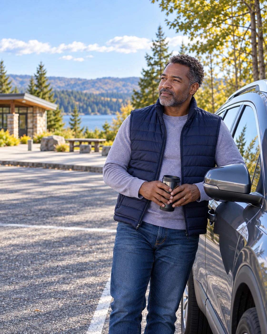 Man taking a break beside his parked car at a roadside rest area.