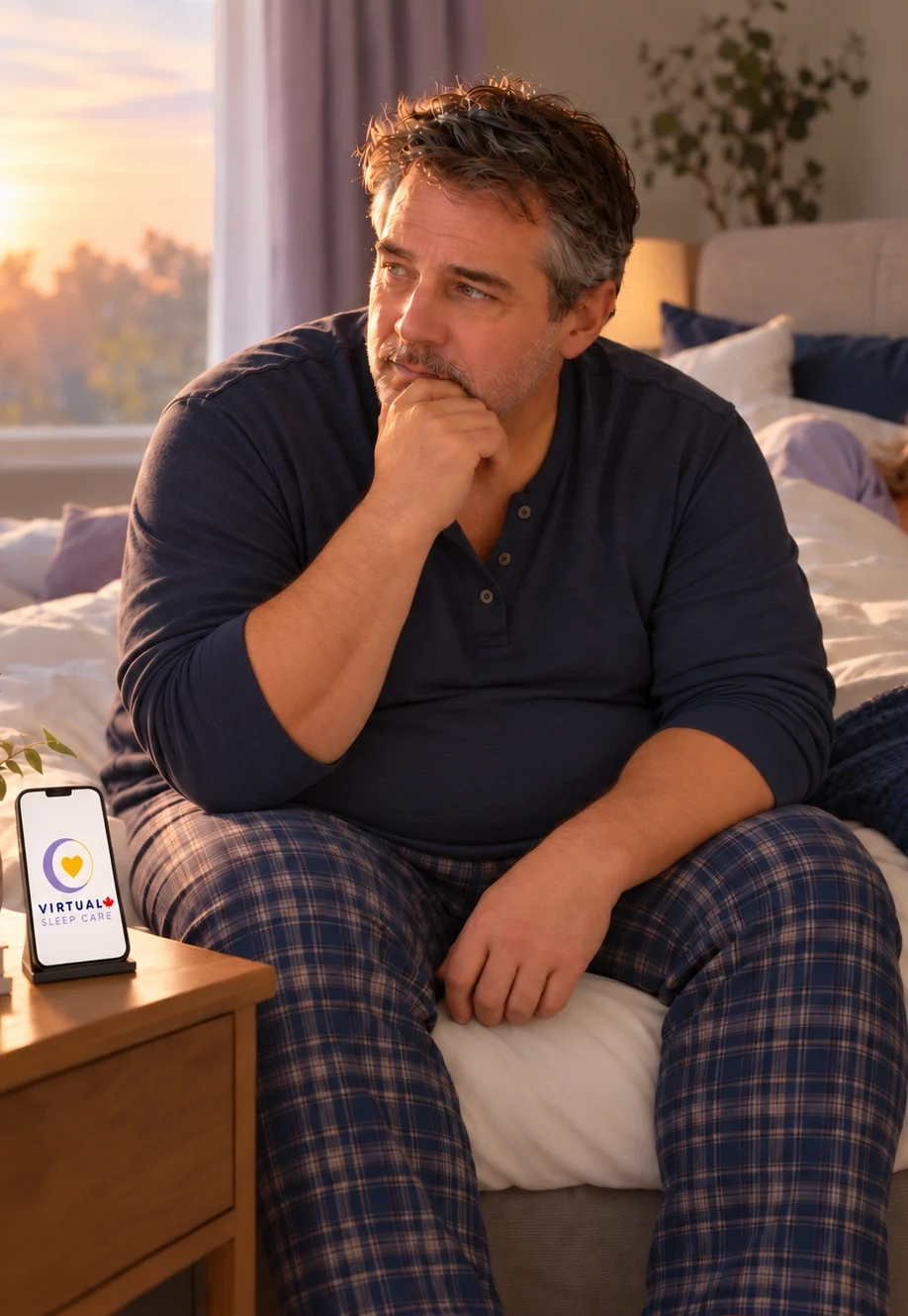 Man sitting awake on the edge of a bed while his partner sleeps, with a Virtual Sleep Care booklet nearby.