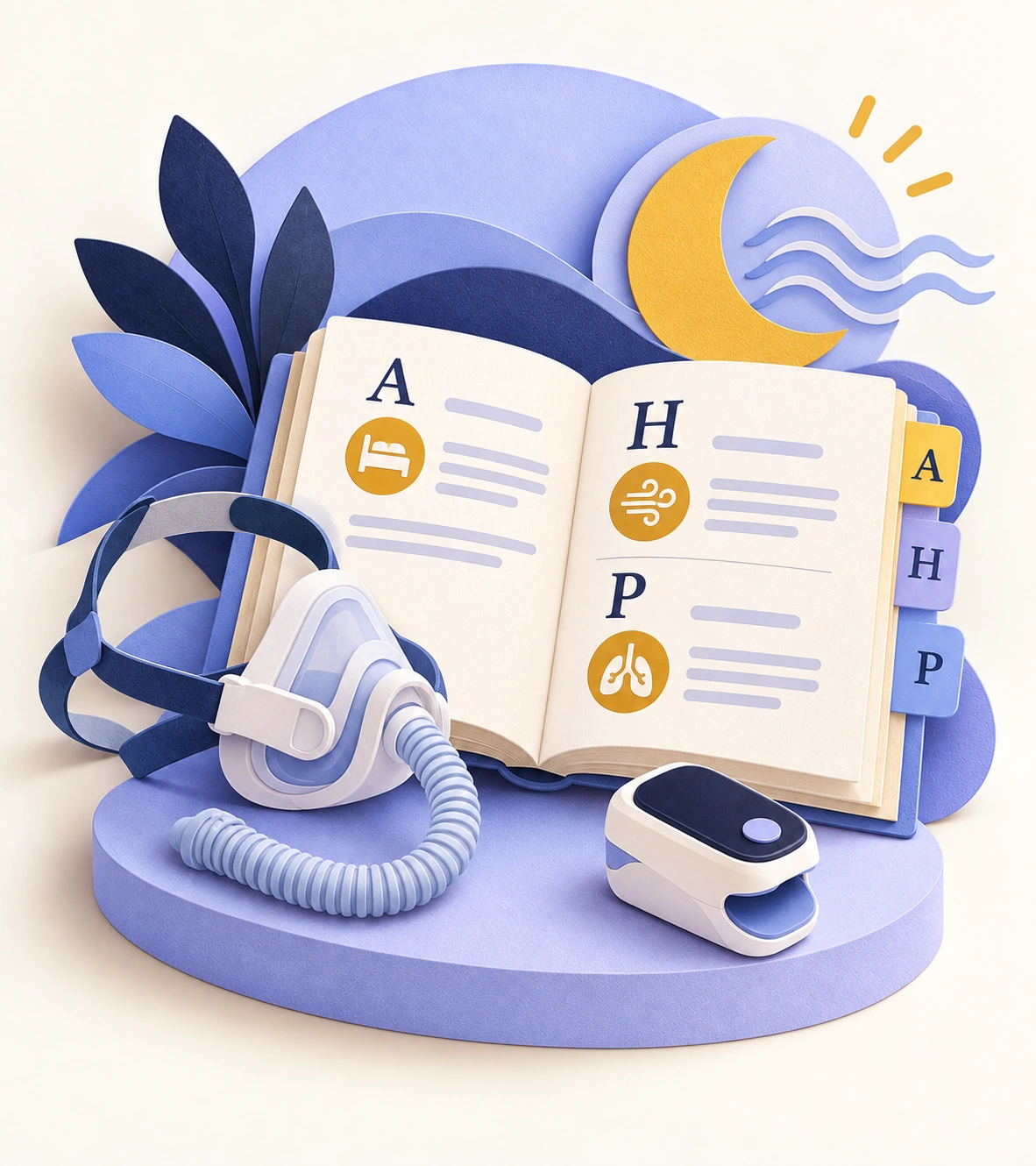 Paper-cut illustration of an open sleep glossary beside a CPAP mask and home sleep test sensor.