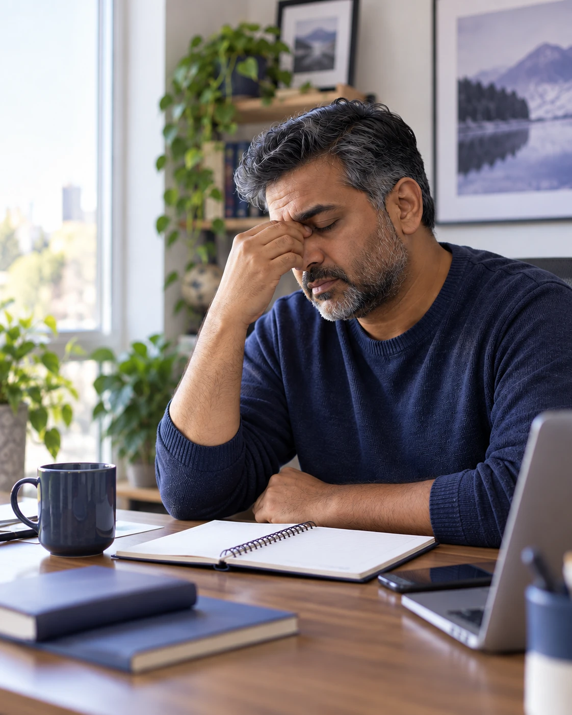 Middle-aged man sitting at a desk with a hand at his forehead, looking tired while trying to focus on his work.