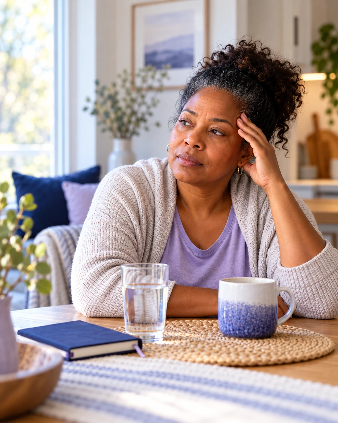Middle-aged woman sitting at a breakfast table in the morning with her hand at her temple, looking tired after sleep.