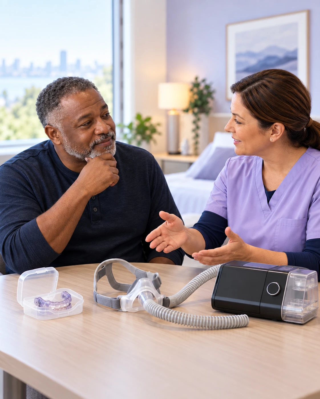 Man discussing sleep apnea treatment options with a respiratory therapist, with a CPAP machine, mask and oral appliance on the table.
