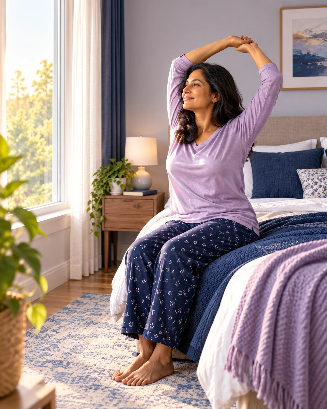 Woman stretching beside her bed in the morning as sunlight enters the bedroom.