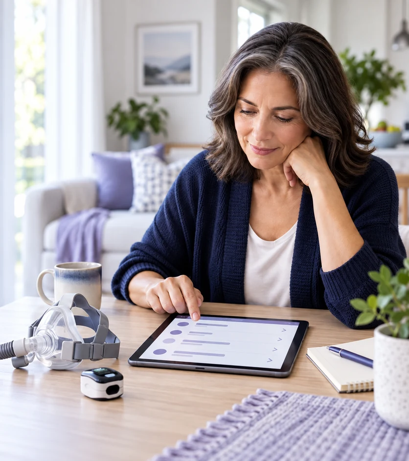 CWoman browsing sleep-care questions on a tablet, with a CPAP mask and home sleep-test sensor on the table.