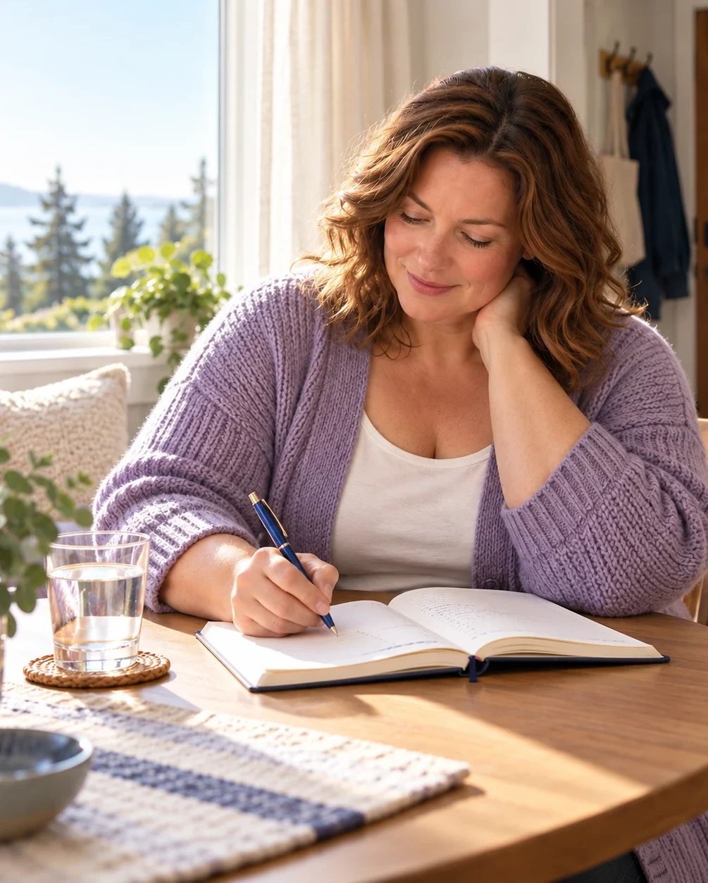 A woman writes in a sleep-habits notebook beside a sunny window.