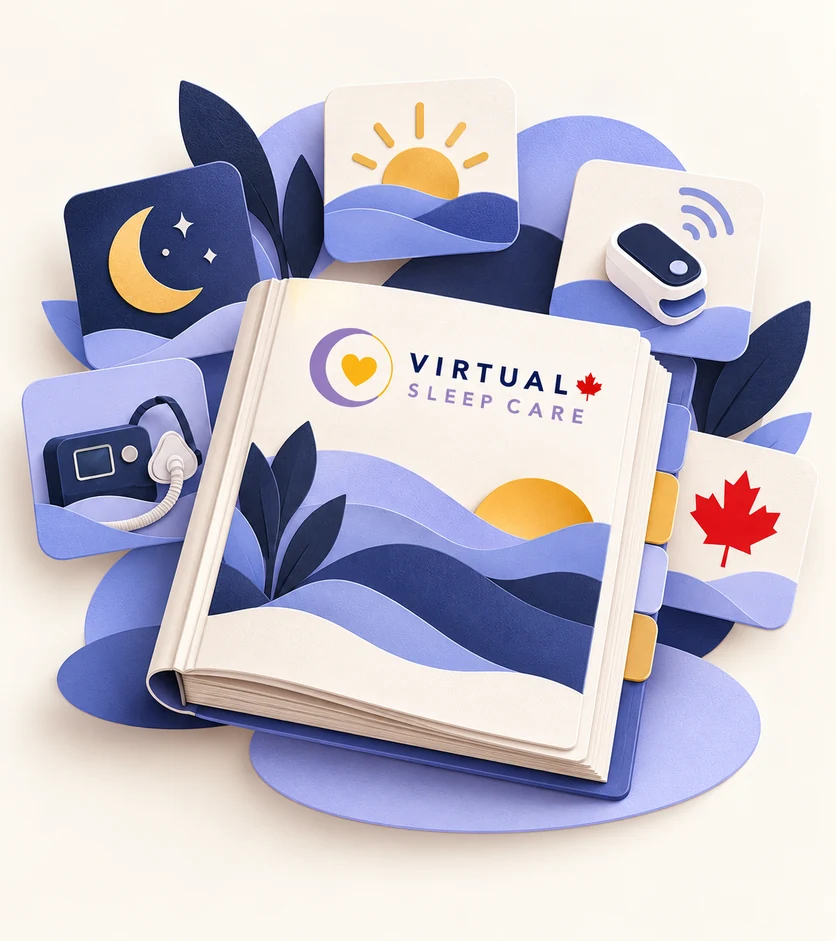 Paper-cut Virtual Sleep Care guidebook surrounded by cards for sleep health, home testing, CPAP and Canadian guidance.