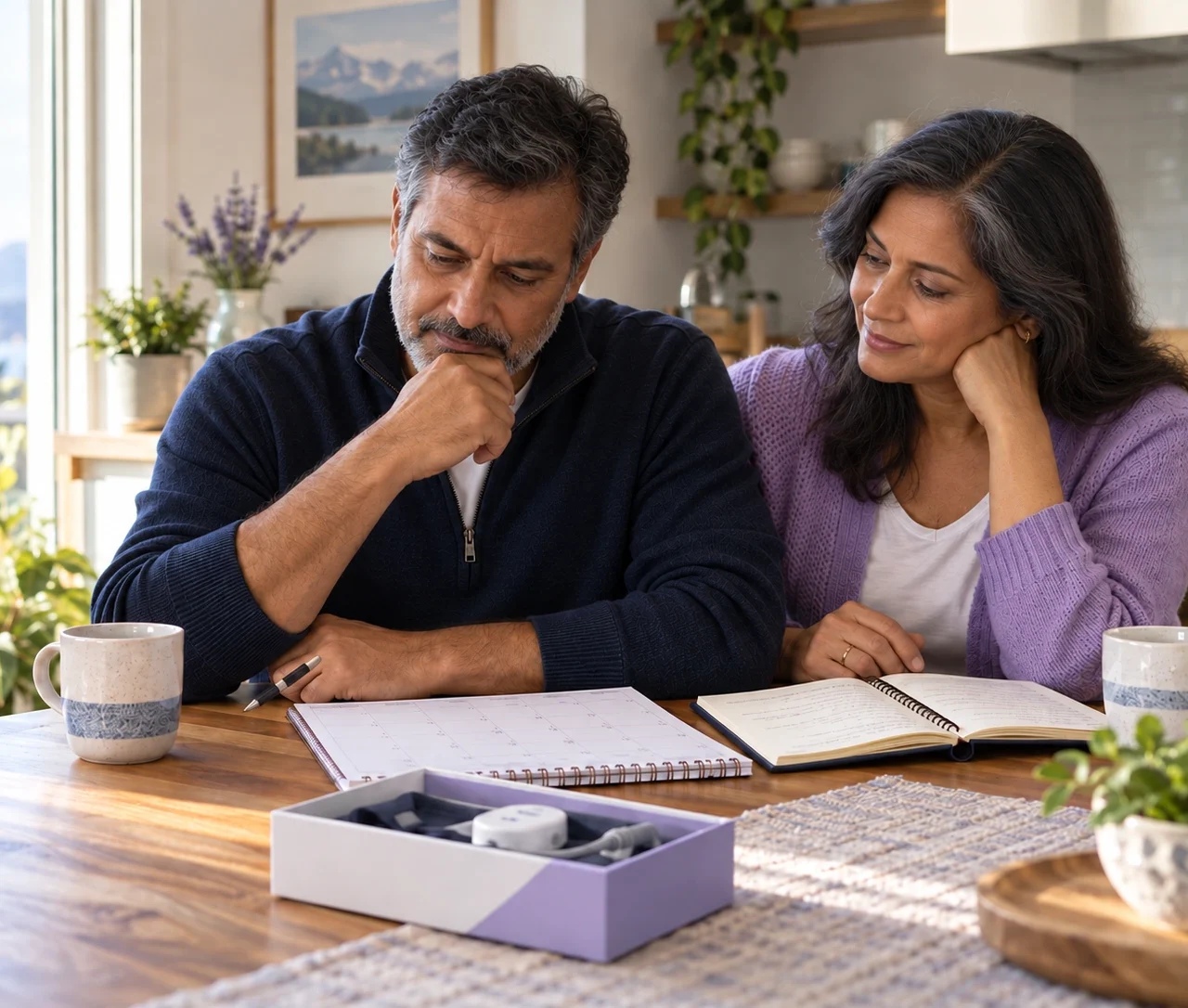 Indian couple reviewing a calendar and sleep diary at home beside a home sleep test kit.