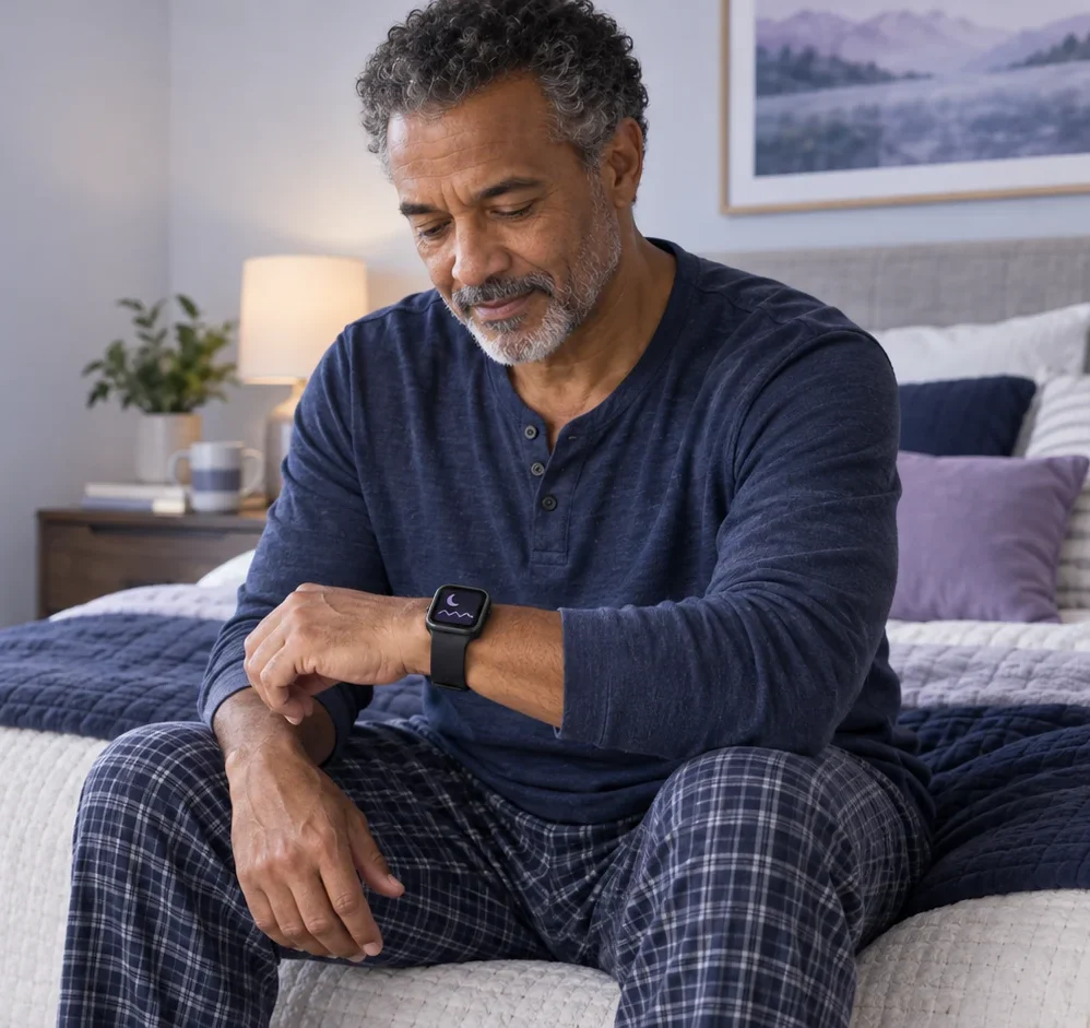 Man sitting on his bed in the morning looking at sleep information on his smartwatch.