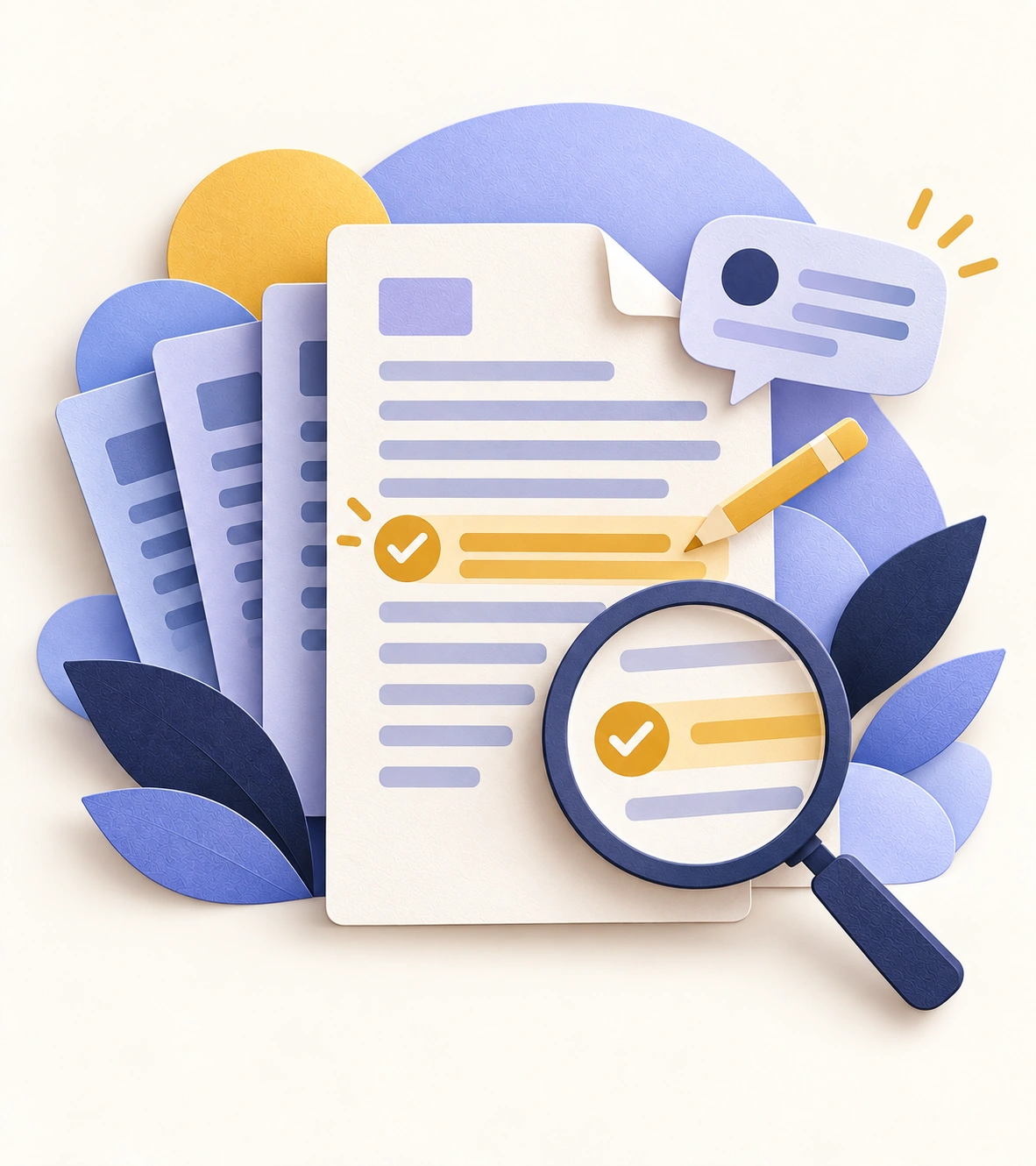 Paper-cut illustration of a health information page being checked and corrected, with a feedback bubble and earlier page versions.