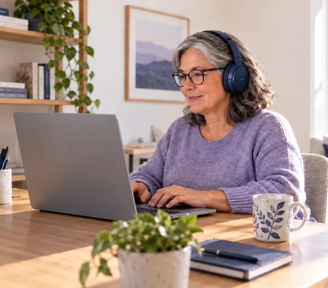Woman wearing glasses and headphones uses a laptop at home, with her dog resting nearby