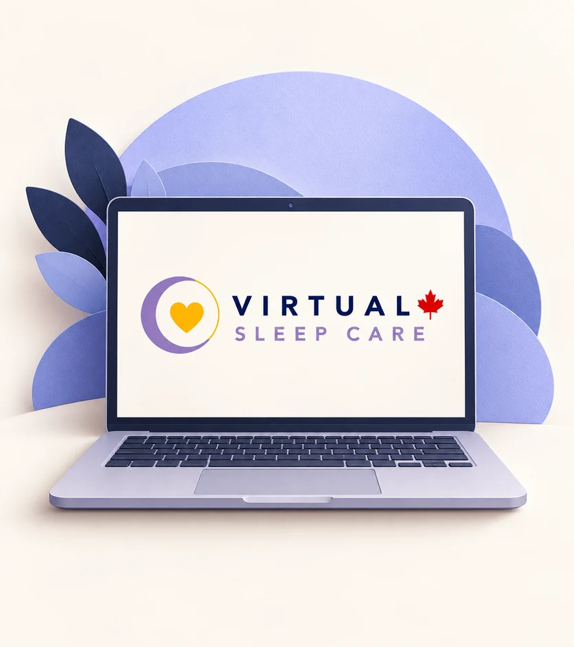Illustrated laptop displaying the Virtual Sleep Care logo against lavender layered shapes.