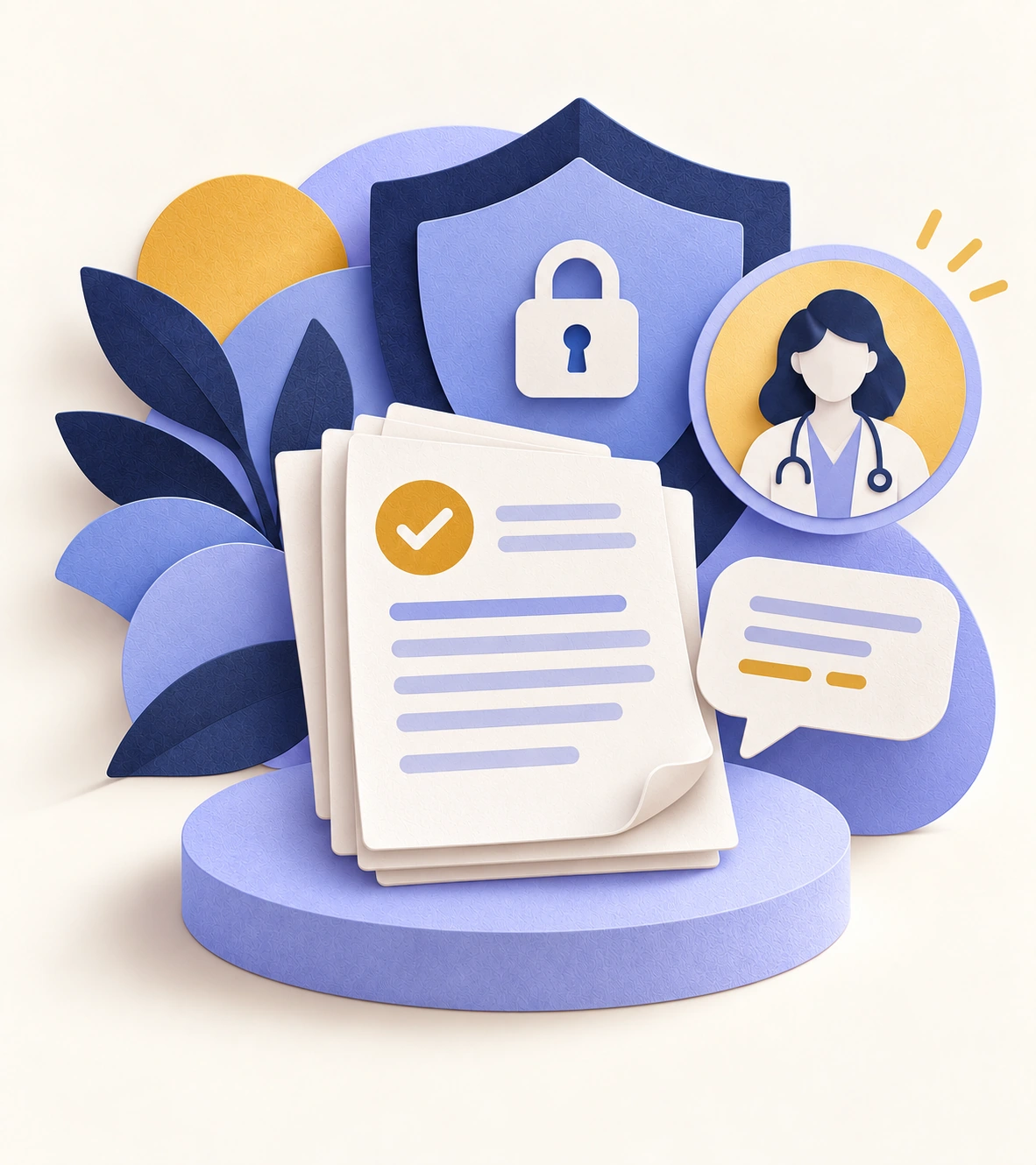 privacy shield, a clinician, and a feedback bubble.