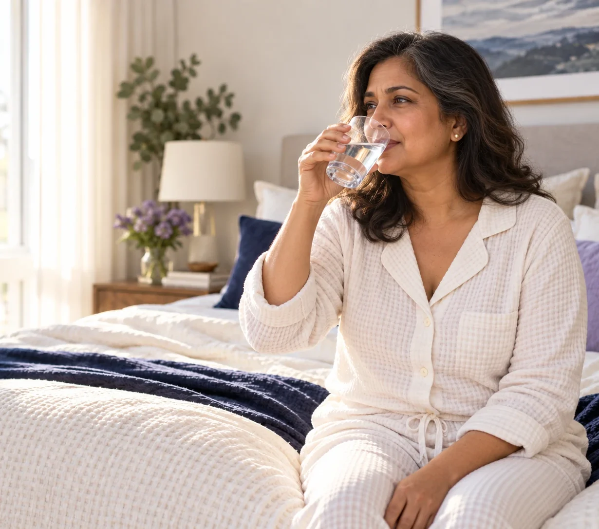 An Indian woman drinks water while sitting on her bed after waking in the morning.